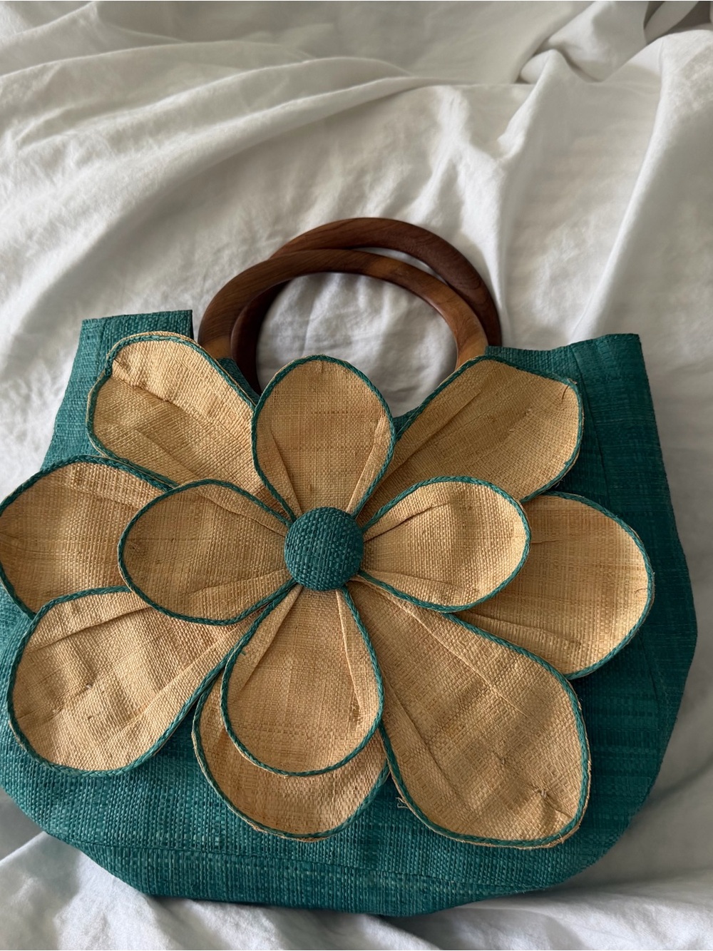 Mar Y Sol Dark Aqua/Teal Straw Flower Tote Bag with Wooden Handles